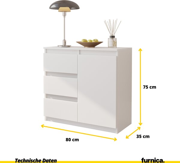 FURNICA - MIKEL - Komoda se 3 zásuvkami a 1 dvířky - bílá matná V75cm Š80cm H35cm