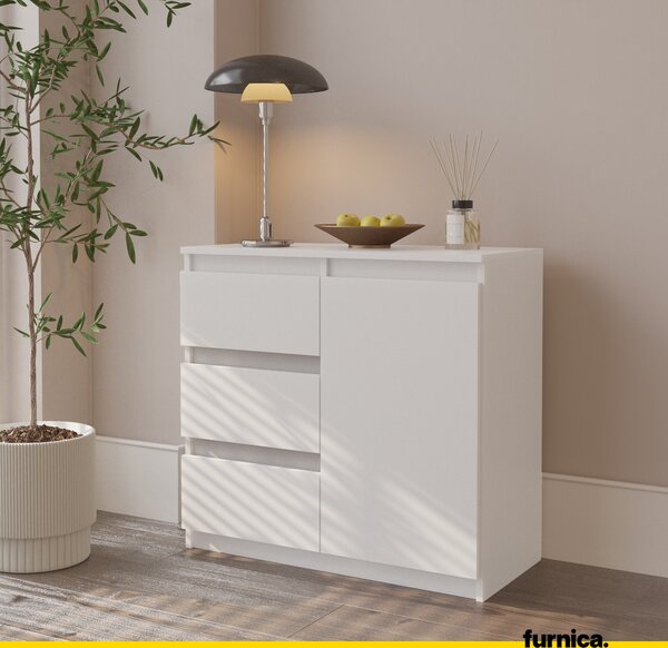 FURNICA - MIKEL - Komoda se 3 zásuvkami a 1 dvířky - bílá matná V75cm Š80cm H35cm