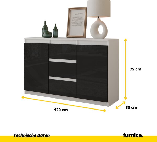 FURNICA - MIKEL - Komoda / příborník se 3 zásuvkami a 2 dvířky - bílý mat / černý lesk V75cm Š120cm H35cm