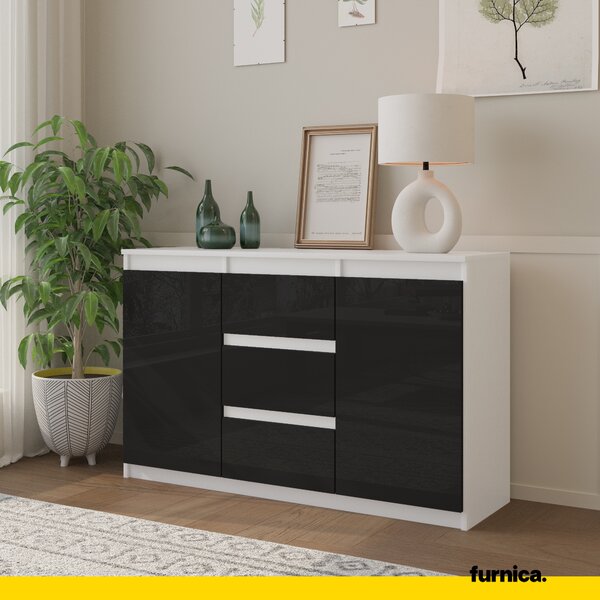 FURNICA - MIKEL - Komoda / příborník se 3 zásuvkami a 2 dvířky - bílý mat / černý lesk V75cm Š120cm H35cm