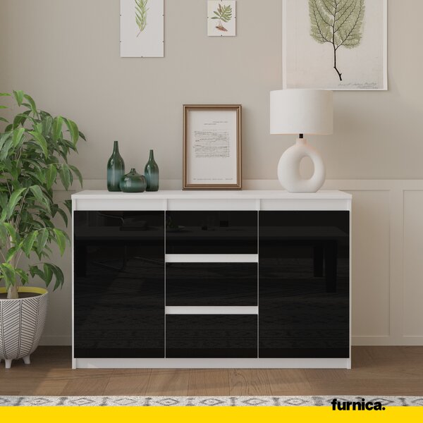 FURNICA - MIKEL - Komoda / příborník se 3 zásuvkami a 2 dvířky - bílý mat / černý lesk V75cm Š120cm H35cm