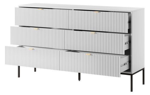 Komoda: 6 zásuvek, bílá, černé nohy, 154 x 39 x 83 cm