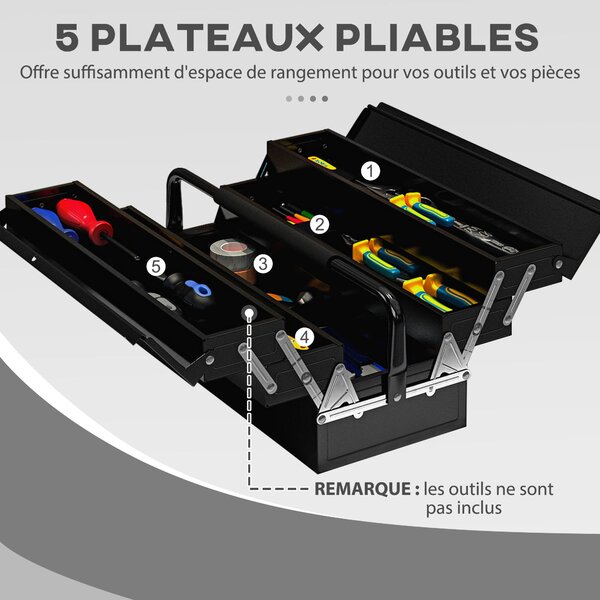DURHAND kovový toolbox - Sada nářadí - 3 úrovně, 5 teleskopických přihrádek - Černý ocelový plech | Aosom