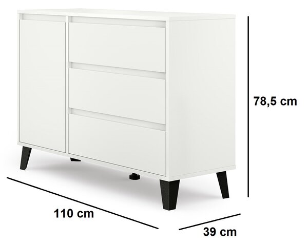 VBChome Komoda s 1 dvířky a 3 zásuvkami 110 x 39 x 78 cm Bílá Bezúchytková komoda Víceúčelová skříňka do předsíně Ložnice Obývací pokoj Dětský pokoj Moderní