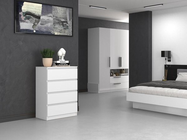 Komoda bílá se čtyřmi zásuvkami, noční stolek do ložnice, šatní skříň, příborník, vysoká deska, šířka 70 cm výška 97 cm