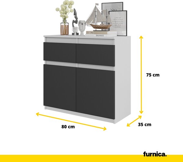 FURNICA - NOAH - Komoda / příborník se 2 zásuvkami a 2 dvířky - bílá matná / antracitově šedá V75cm Š80cm H35cm