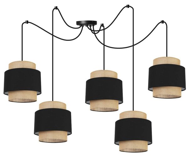 Závěsné svítidlo Boho Spider, 5x jutové/černé textilní stínítko