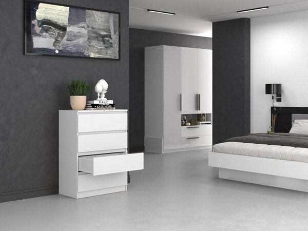 Komoda bílá se čtyřmi zásuvkami, noční stolek do ložnice, šatní skříň, příborník, vysoká deska, šířka 70 cm výška 97 cm
