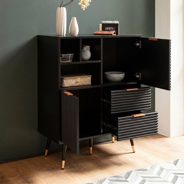 FineBuy Komoda 77x97x40 cm, černá s dekorem dubu, komoda s dvířky a zásuvkami, komoda do předsíně s policí, moderní