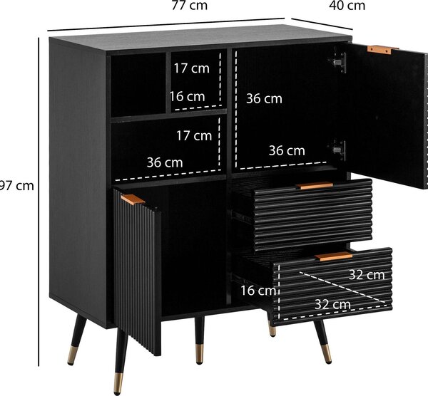 FineBuy Komoda 77x97x40 cm, černá s dekorem dubu, komoda s dvířky a zásuvkami, komoda do předsíně s policí, moderní
