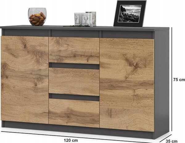 VBChome Komoda se 3 zásuvkami a 2 dvířky 120 x 35 x 75 cm Grafitová barva Bezúchytková komoda Víceúčelová skříňka do předsíně Ložnice Obývací pokoj Dětský pokoj