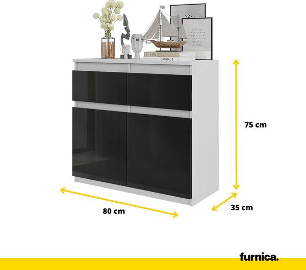 FURNICA - NOAH - Komoda / příborník se 2 zásuvkami a 2 dvířky - bílá matná / černý lesk V75cm Š80cm H35cm