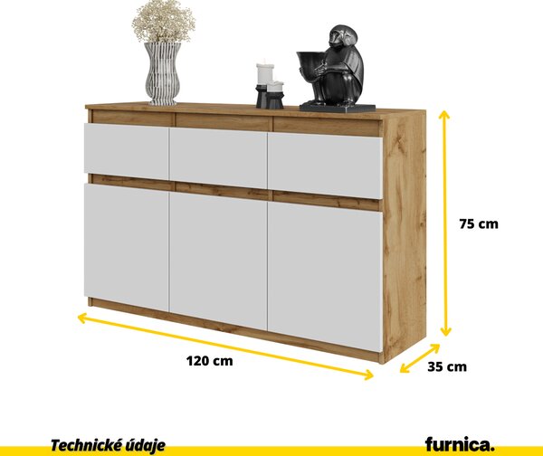 FURNICA - NOAH - Komoda / příborník se 3 zásuvkami a 3 dvířky - dub Wotan / bílá matná V75cm Š120cm D35cm