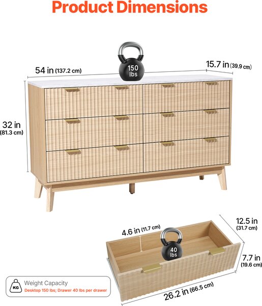 Komoda VEVOR se 6 zásuvkami a ochranou proti vysunutí a vyklopení, (399 x 1372 x 813 mm) do obývacího pokoje ložnice předsíně (světlé dřevo)