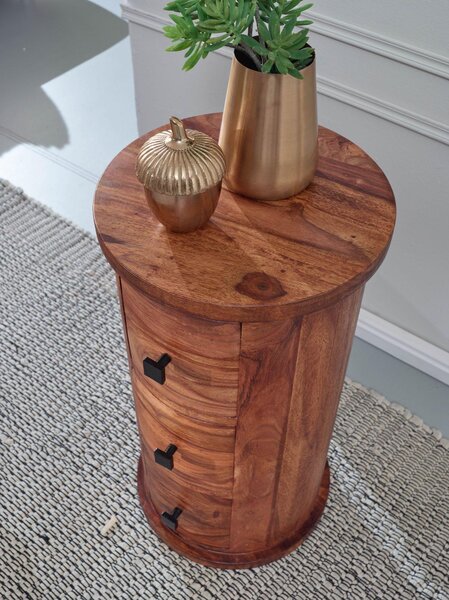FineBuy Design Pr√≠born√√√≠k Sheesham masiv √ò 35 cm | Zásuvková komoda | Boční skříňka, plná | Mini komoda, hnědá