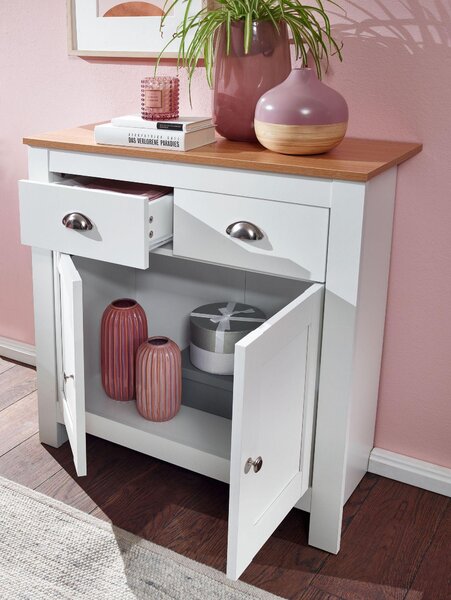 Komoda FineBuy se 2 zásuvkami, 79 x 81 x 34,5 cm, bílá / dub, moderní design, vysoká komoda s dvířky a zásuvkami, do obývacího pokoje
