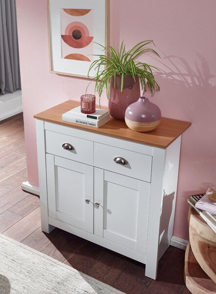 Komoda FineBuy se 2 zásuvkami, 79 x 81 x 34,5 cm, bílá / dub, moderní design, vysoká komoda s dvířky a zásuvkami, do obývacího pokoje