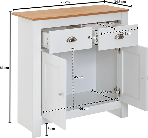 Komoda FineBuy se 2 zásuvkami, 79 x 81 x 34,5 cm, bílá / dub, moderní design, vysoká komoda s dvířky a zásuvkami, do obývacího pokoje