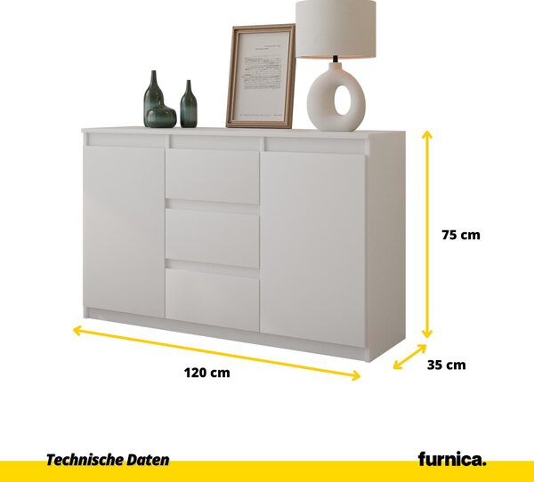 MIKEL - Komoda / příborník se 3 zásuvkami a 2 dvířky - dub Wotan V75cm Š120cm D35cm