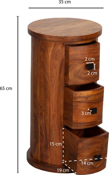FineBuy Design Pr√≠born√√√≠k Sheesham masiv √ò 35 cm | Zásuvková komoda | Boční skříňka, plná | Mini komoda, hnědá