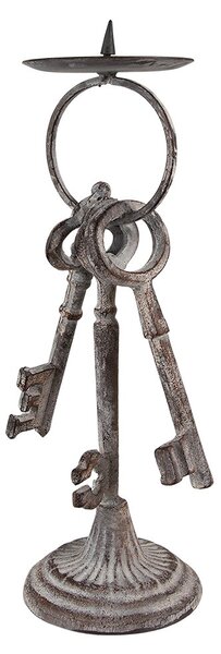 Šedý antik svícen na širokou svíčku se starými klíči - 13*11*33 cm - Clayre & Eef