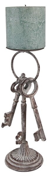 Šedý antik svícen na širokou svíčku se starými klíči - 13*11*33 cm - Clayre & Eef