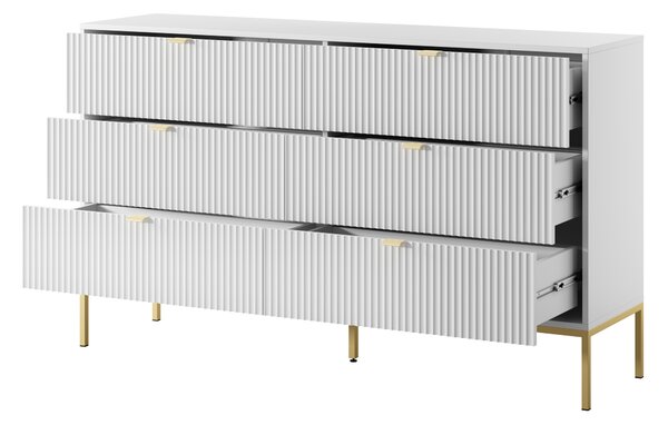 Komoda: 6 zásuvek, bílá, zlaté nohy, 154 x 39 x 83 cm
