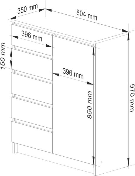 BDW - Komoda 5 zásuvek, obývací pokoj, předsíň 80x97x35, šedá / dub-artisan