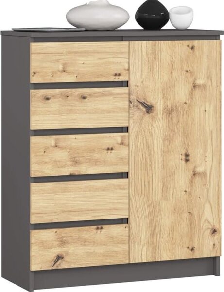 BDW - Komoda 5 zásuvek, obývací pokoj, předsíň 80x97x35, šedá / dub-artisan