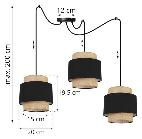 Závěsné svítidlo Boho Spider, 3x jutové/černé textilní stínítko