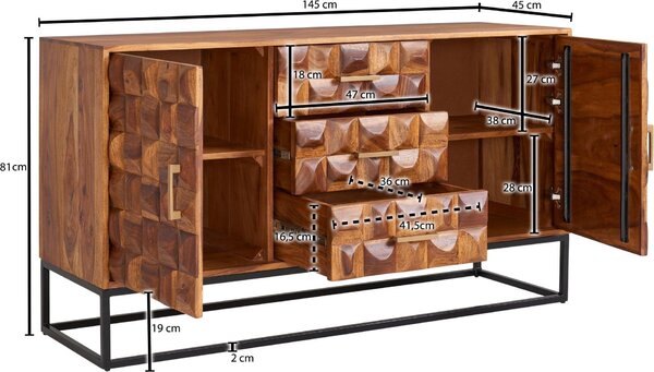 Komoda FineBuy z masivního dřeva sheesham, 145 cm, se 2 dvířky a 3 zásuvkami – masivní retro komoda s kovovým rámem v černém provedení, ručně vyrobená v industriálním stylu