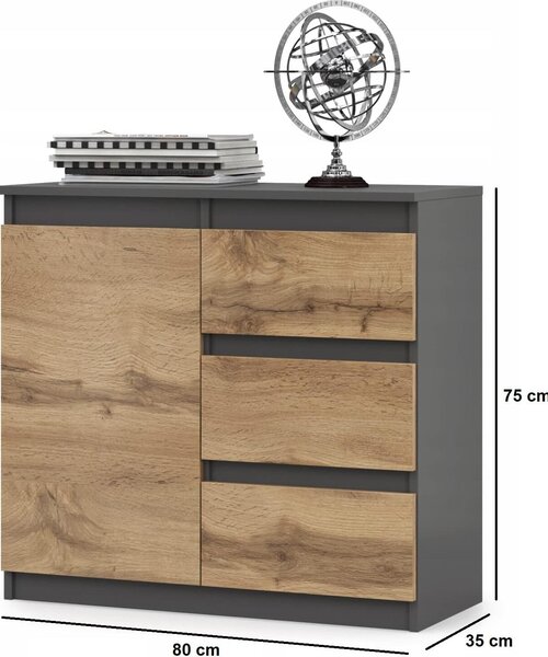 VBChome Komoda se 3 zásuvkami a 1 dvířky 80 x 35 x 75 cm Grafitová barva Komoda bez úchytek Víceúčelová skříňka do předsíně Ložnice Obývací pokoj Dětský pokoj