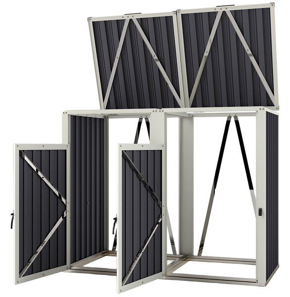 Outsunny Kryt na odpadkové koše pro 2 nádoby 240L, Kryt na venkovní odpadkové koše, Dveře s úchyty, 180° Otevírací víka, Pozinkovaná ocel, 146 x 81 x