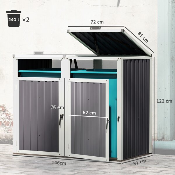 Outsunny Kryt na odpadkové koše pro 2 nádoby 240L, Kryt na venkovní odpadkové koše, Dveře s úchyty, 180° Otevírací víka, Pozinkovaná ocel, 146 x 81 x