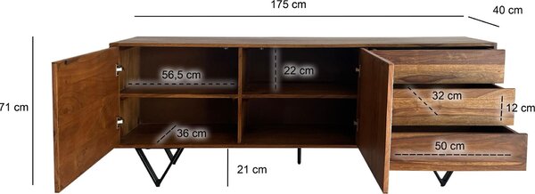 Komoda FineBuy z masivního dřeva sheesham, 175 cm, 2 dvířka a 3 zásuvky – masivní retro komoda v kamenném vzhledu – designová komoda v přírodním stylu – ručně vyrobená v industriálním stylu