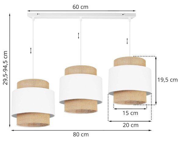 Závěsné svítidlo Boho, 3x jutové/bílé textilní stínítko