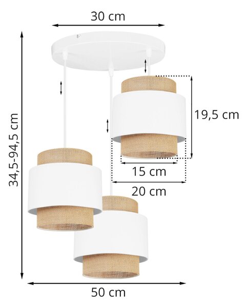 Závěsné svítidlo Boho, 3x jutové/bílé textilní stínítko, o