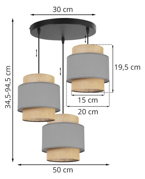 Závěsné svítidlo Boho, 3x jutové/šedé textilní stínítko, o