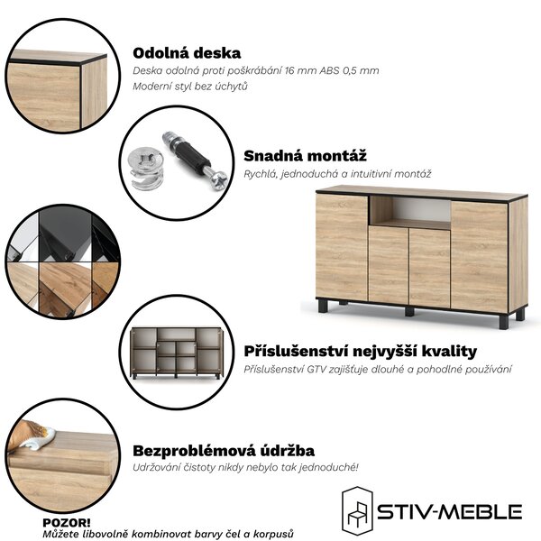 STIV Möbel | Komoda 140x35x80 cm Dub Sonoma / Dub Sonoma | 4 dvířka | Obývák Ložnice | 9 polic
