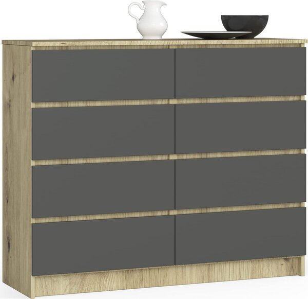 BDW, komoda s 8 zásuvkami, 120x99x40 cm, spousta úložného prostoru, dub Artisan - šedý