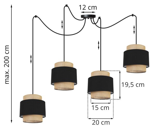 Závěsné svítidlo Boho Spider, 4x jutové/černé textilní stínítko