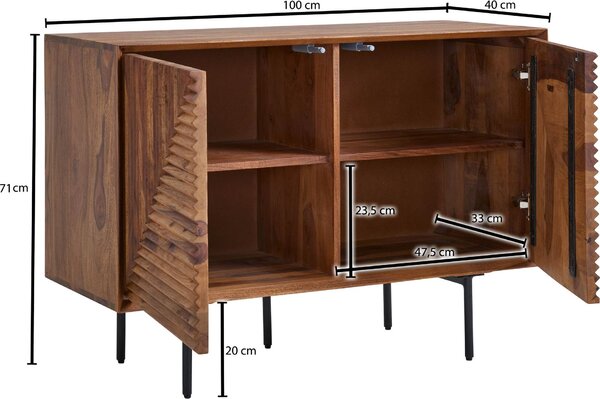 FineBuy Sideboard Sheesham masivní dřevo 100 cm se 2 dvířky - Masivní retro komoda s černými nohami - Designový přírodní příborník - Ručně vyrobený v industriálním stylu
