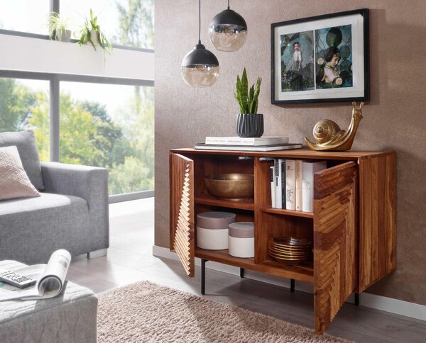 FineBuy Sideboard Sheesham masivní dřevo 100 cm se 2 dvířky - Masivní retro komoda s černými nohami - Designový přírodní příborník - Ručně vyrobený v industriálním stylu