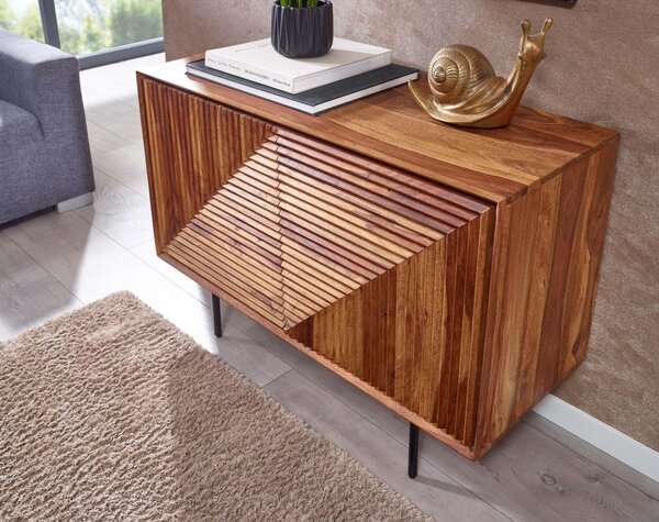 FineBuy Sideboard Sheesham masivní dřevo 100 cm se 2 dvířky - Masivní retro komoda s černými nohami - Designový přírodní příborník - Ručně vyrobený v industriálním stylu