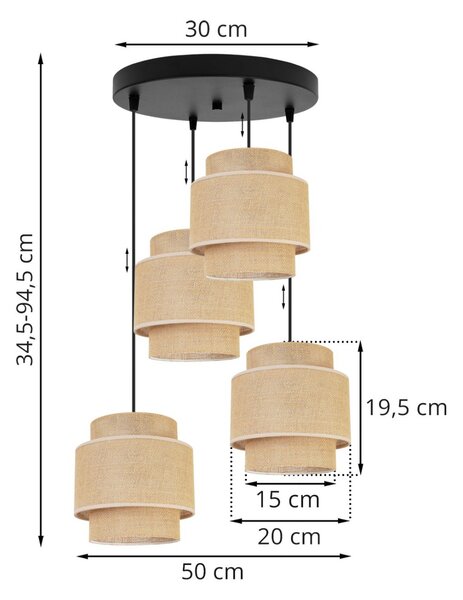 Závěsné svítidlo Boho, 4x jutové stínítko, (výběr ze 2 barev konstrukce), o