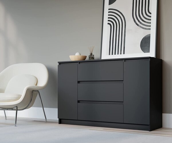 Komoda o šířce 140 cm se 2 dvířky a 3 zásuvkami, barva: matná černá