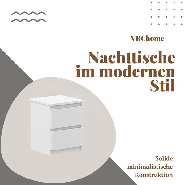 VBChome Noční stolek 30 x 26 x 38 cm Bílý mat Noční stolek se 2 zásuvkami do ložnice Bezúchytkový kancelářský pokoj Moderní