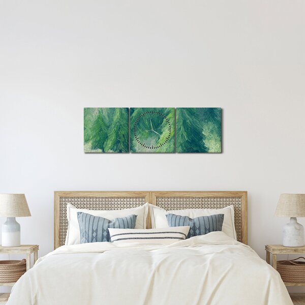 Obraz - Malované jehličnany (s hodinami) (90x30 cm)