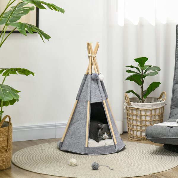 PawHut Pet Teepee Stan - Šedý teepee pro kočky nebo malé psy - silný polštář pro maximální komfort, 2 pompony v ceně - konstrukce z borového dřeva s p