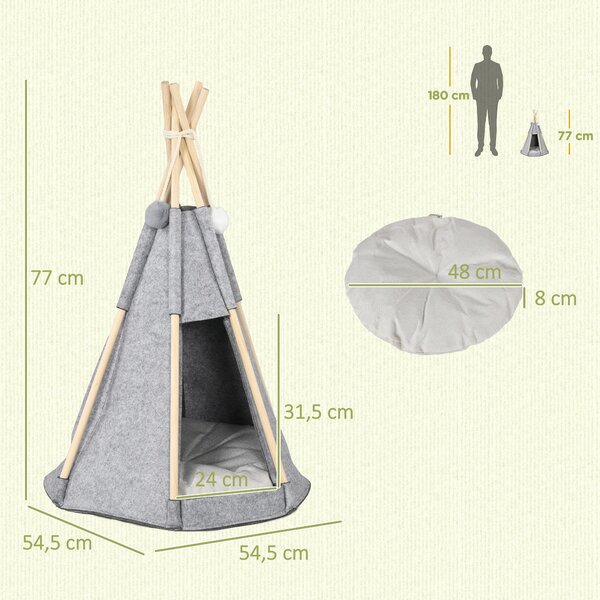 PawHut Pet Teepee Stan - Šedý teepee pro kočky nebo malé psy - silný polštář pro maximální komfort, 2 pompony v ceně - konstrukce z borového dřeva s p